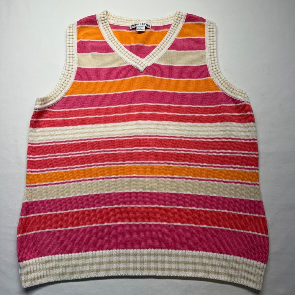 Pendleton‎ Sweater Vest L Pink Orange Stripe Cotton V Neck Preppy Coastal Knit